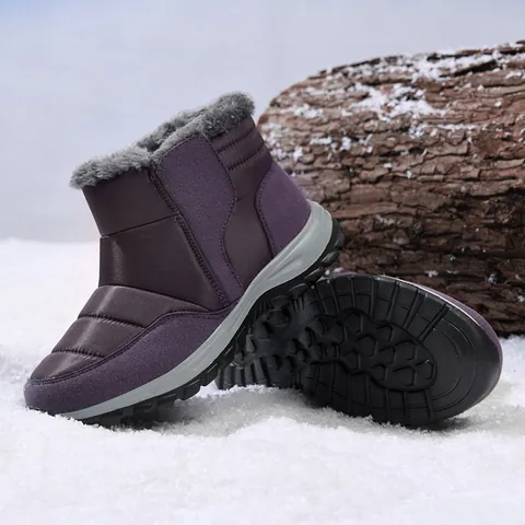 Women Waterproof Outdoor Snow Boots Side Zipper Warm Plush Faux Fur Lined Anti-Slip Rubber Sole Winter Cotton Shoes