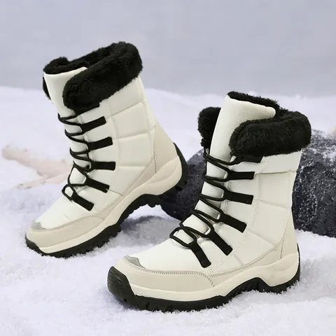 Damen Winter Schneestiefel Warm Fleece Gefüttert Mittelhohe Stiefel Wasserdichtes Oxford-Gewebe Rutschfeste Dicke Sohle Outdoor-Wanderschuhe