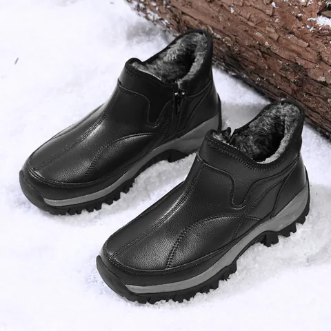 Women Men Winter Snow Boots Microfiber Leather Plush Lined Warm Outdoor Hiking Boots Side Zipper Non Slip Thick Sole Casual Boots