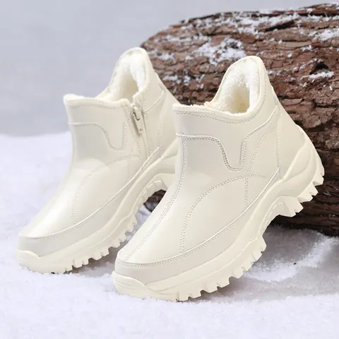 Women Men Winter Snow Boots Microfiber Leather Plush Lined Warm Outdoor Hiking Boots Side Zipper Non Slip Thick Sole Casual Boots