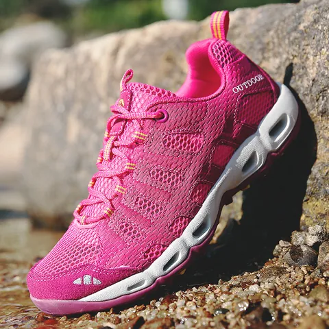 Ademende Mesh Leer Waterschoenen Voor Dames Heren Antislip Lichtgewicht Outdoor Wandelschoenen Trekking Sneakers Rivier Waden
