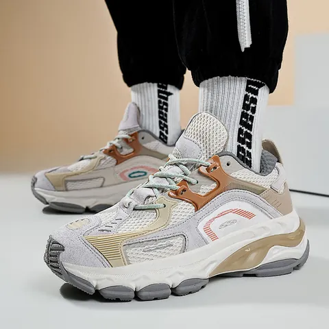 Men's Retro Chunky Sneakers Breathable Mesh Suede Thick Sole Height Increasing Lightweight EVA Fashion Sporty Dad Shoes