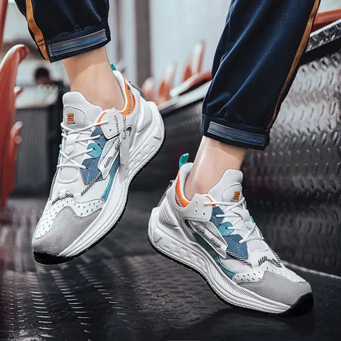 Men's Chunky Sneakers Genuine Leather Patchwork Retro Breathable Mesh Sport Shoes Streetwear Fashion Thick Sole Dad Shoes