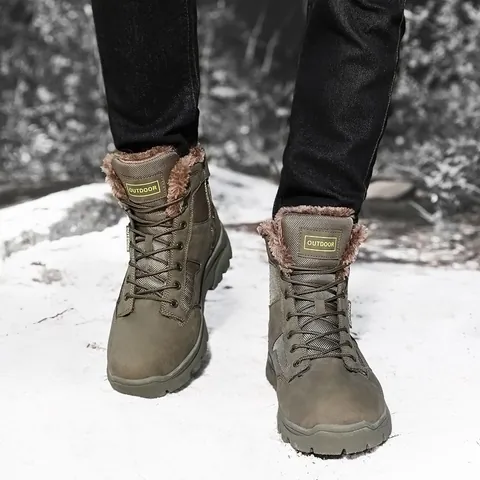 Men Winter Outdoor Snow Boots High-Top Fleece Lined Warm Tactical Combat Boots Non-Slip Rubber Sole Fashion Work Boots
