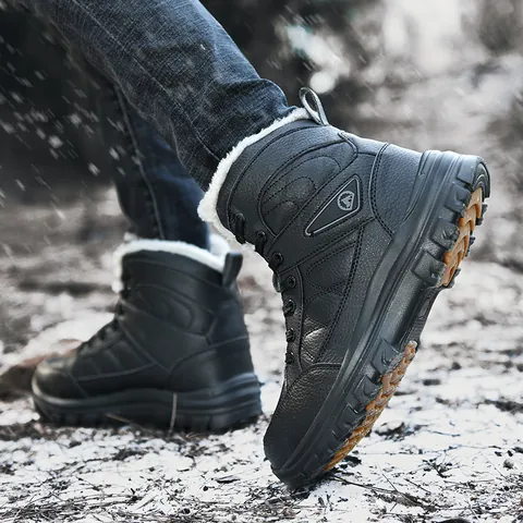 Botas de Nieve de Caña Alta para Hombre Parte Superior de Cuero Sintético Forro de Lana Cálido Zapatos de Senderismo de Invierno Suela de Goma Antideslizante Negro