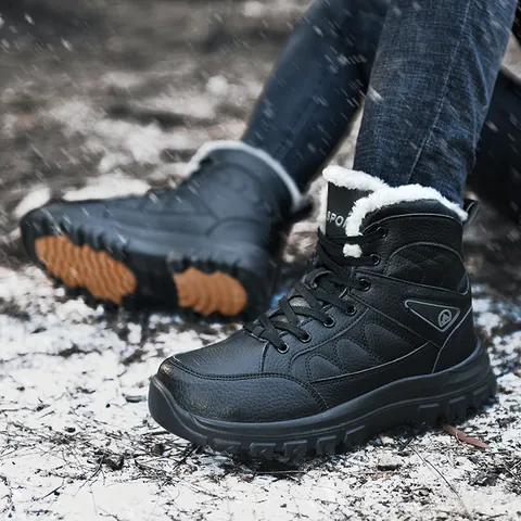 Botas de Nieve de Caña Alta para Hombre Parte Superior de Cuero Sintético Forro de Lana Cálido Zapatos de Senderismo de Invierno Suela de Goma Antideslizante Negro