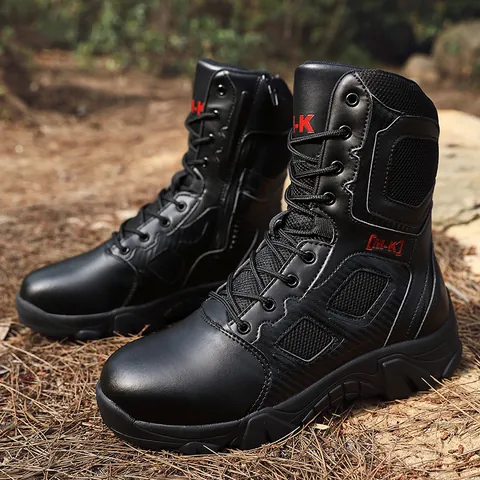 Men High Top Tactical Boots Waterproof PU Leather Breathable Combat Boots With Side Zipper Non-slip Outdoor Hiking Work Shoes