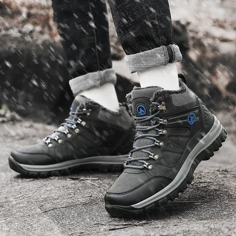 Men's High-Top Hiking Boots Warm Fleece Lined Winter Outdoor Shoes Non-Slip MD Rubber Sole Wear-Resistant Trekking Sneakers