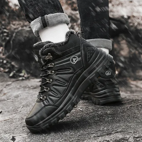Men's High-Top Hiking Boots Warm Fleece Lined Winter Outdoor Shoes Non-Slip MD Rubber Sole Wear-Resistant Trekking Sneakers