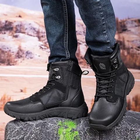 Men's High Top Tactical Boots Outdoor Hiking Combat Boots Non-Slip Warm Faux Leather Splicing Side Zipper Winter Work Boots
