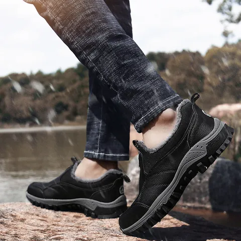 Men's Winter Outdoor Snow Boots Microfiber Leather Warm Plush Lined Slip On Anti Slip Rubber Sole Casual Hiking Shoes Sneakers Waterproof