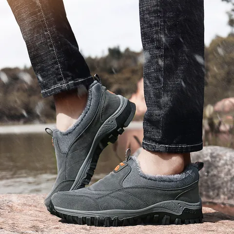 Men's Winter Outdoor Snow Boots Microfiber Leather Warm Plush Lined Slip On Anti Slip Rubber Sole Casual Hiking Shoes Sneakers Waterproof