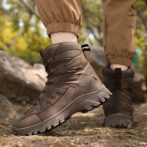 Men's Outdoor Hiking Boots High-Top Tactical Combat Boots Breathable Wear-Resistant Anti-Slip Rubber Sole Desert Trekking Footwear