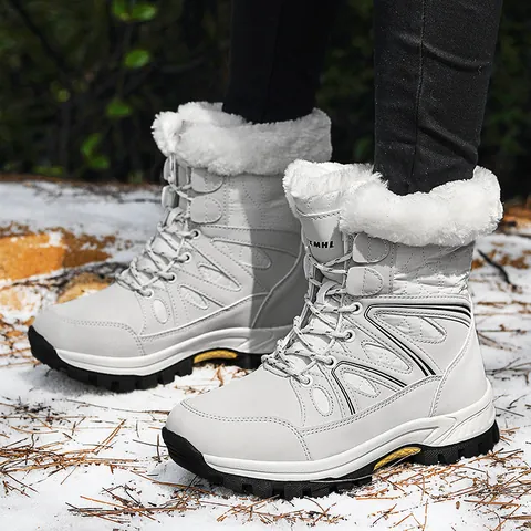 Women High Top Snow Boots Waterproof Microfiber Faux Fur Collar Outdoor Winter Hiking Boots Thick Sole Anti-slip Warm Shoes