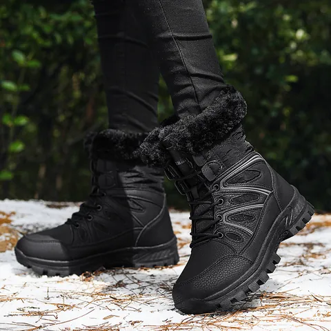 Women High Top Snow Boots Waterproof Microfiber Faux Fur Collar Outdoor Winter Hiking Boots Thick Sole Anti-slip Warm Shoes