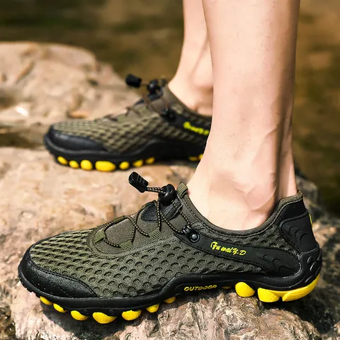 Men's Breathable Mesh Hiking Shoes Outdoor Non-Slip Wading Sneakers Lightweight Quick Lacing Walking Shoes For Trekking Water Sports