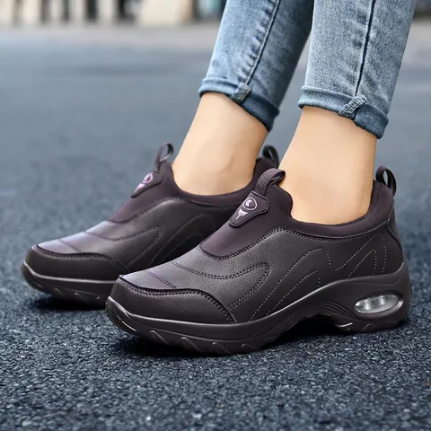Women's Casual Air Cushion Sneakers Slip-On Walking Shoes Microfiber Leather Breathable Platform Sporty Footwear Black Purple