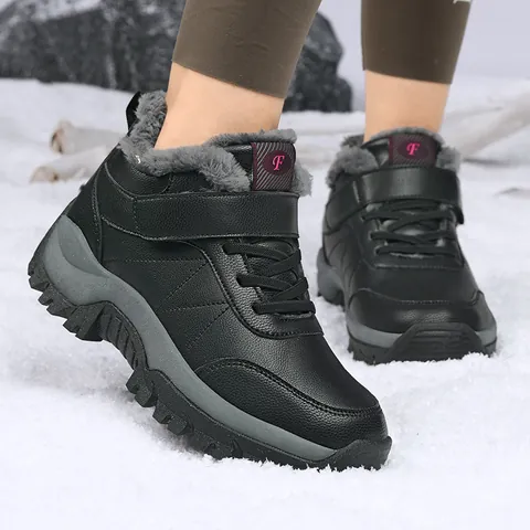 Winter Snow Boots Microfiber Leather Waterproof Non-Slip Outdoor Hiking Boots Plush Lined Warm Shoes Velcro Lace-Up