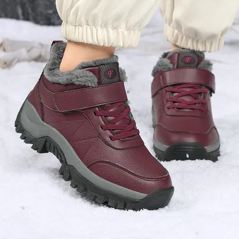 Winter Snow Boots Microfiber Leather Waterproof Non-Slip Outdoor Hiking Boots Plush Lined Warm Shoes Velcro Lace-Up
