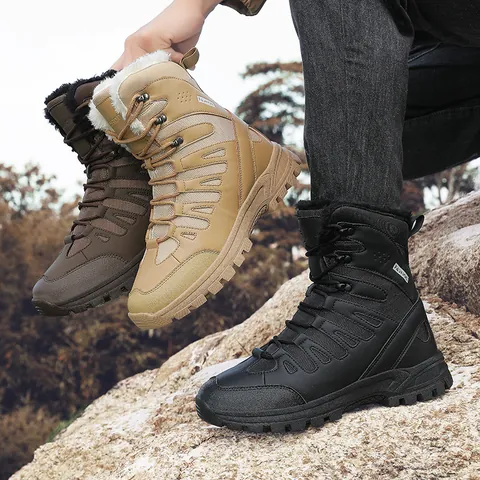 Men Outdoor Winter Snow Boots Tactical Boots Waterproof High Top Warm Plush Lined Non Slip Rubber Sole Hiking Trekking Shoes