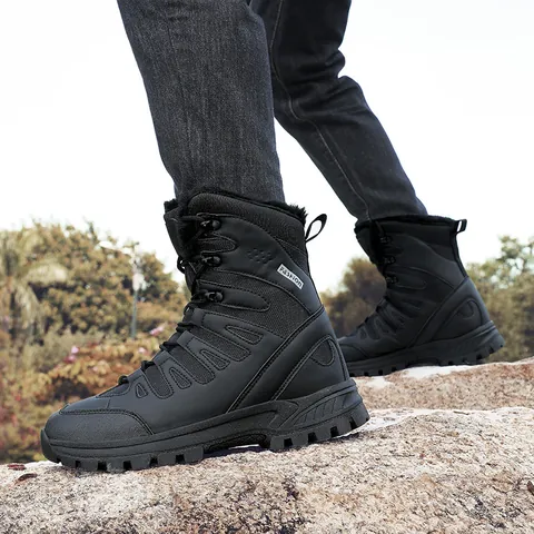 Men Outdoor Winter Snow Boots Tactical Boots Waterproof High Top Warm Plush Lined Non Slip Rubber Sole Hiking Trekking Shoes