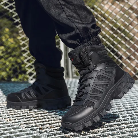 Men's Outdoor Tactical Work Boots Non-Slip Breathable Hiking Shoes High Top Casual Leather Mesh Patchwork Sneakers For Men