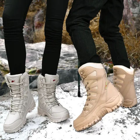 High Top Tactical Combat Boots PU Leather Mesh Breathable Hiking Boots Anti-Slip Rubber Sole Outdoor Trekking Shoes For Men Women