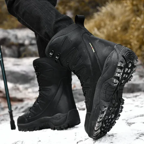 High Top Tactical Combat Boots PU Leather Mesh Breathable Hiking Boots Anti-Slip Rubber Sole Outdoor Trekking Shoes For Men Women