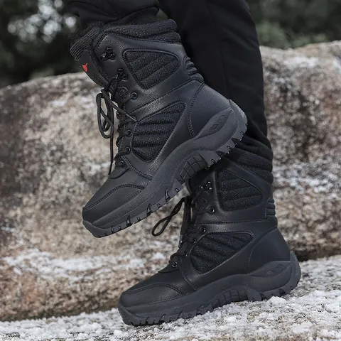 High Top Outdoor Snow Boots Men Women Warm Fur Lined Tactical Hiking Shoes Waterproof Anti Slip Rubber Sole Desert Combat Boots Winter Casual Footwear