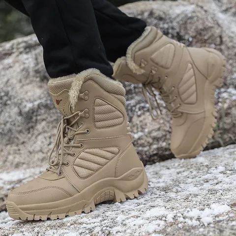 High Top Outdoor Snow Boots Men Women Warm Fur Lined Tactical Hiking Shoes Waterproof Anti Slip Rubber Sole Desert Combat Boots Winter Casual Footwear