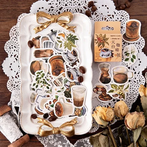 46 Pezzi Orecchini Vintage Caffè sulla Terrazza Adesivi in Scatola Retro Dipinti a Mano Caffè Adesivi Decorativi per Scrapbooking DIY Journal