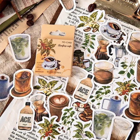 46 Pezzi Orecchini Vintage Caffè sulla Terrazza Adesivi in Scatola Retro Dipinti a Mano Caffè Adesivi Decorativi per Scrapbooking DIY Journal