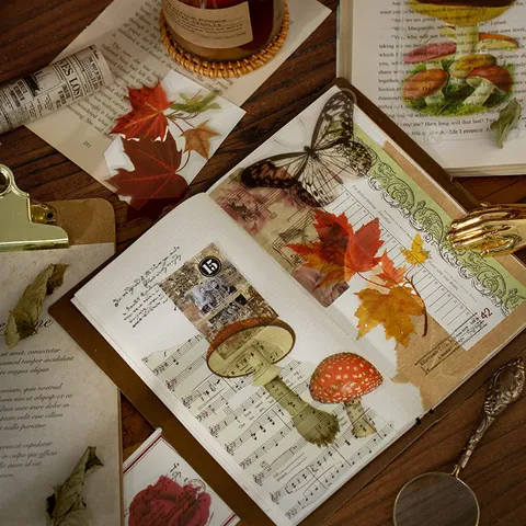 Vintage Botanical PET Stickers For Scrapbooking Floral Butterfly Mushroom Transparent Decorative Decal For DIY Journaling Planner