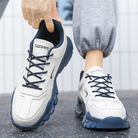 Men's Casual Chunky Sneakers Breathable Faux Leather Thick Sole Dad Shoes Versatile Outdoor Sporty Fashion Lace Up Footwear