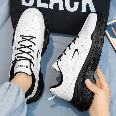 Men's Casual Chunky Sneakers Breathable Faux Leather Thick Sole Dad Shoes Versatile Outdoor Sporty Fashion Lace Up Footwear