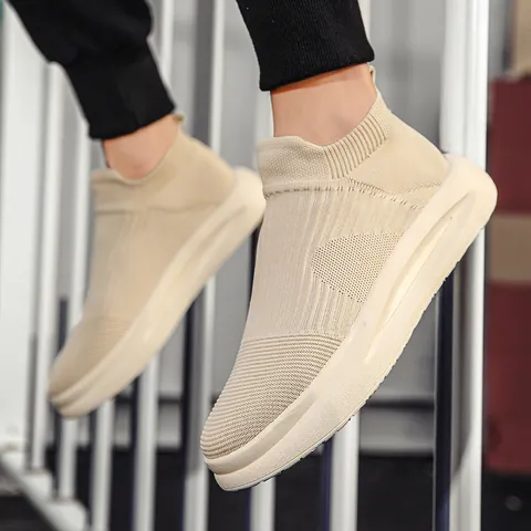 Men's Breathable Flyknit Sock Sneakers Casual Slip-On Thick Sole Lightweight Walking Shoes Running Sports Footwear
