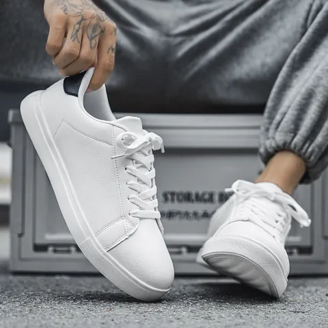 Men's Casual Board Shoes Low Top Sneakers Synthetic Leather Solid Color Wear Resistant Non Slip Rubber Sole Fashion Walking Shoes For Men