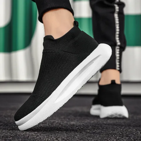 Men's Breathable Flyknit Sock Sneakers Casual Slip-On Thick Sole Lightweight Walking Shoes Running Sports Footwear