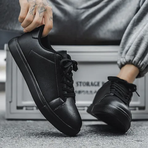 Men's Casual Board Shoes Low Top Sneakers Synthetic Leather Solid Color Wear Resistant Non Slip Rubber Sole Fashion Walking Shoes For Men
