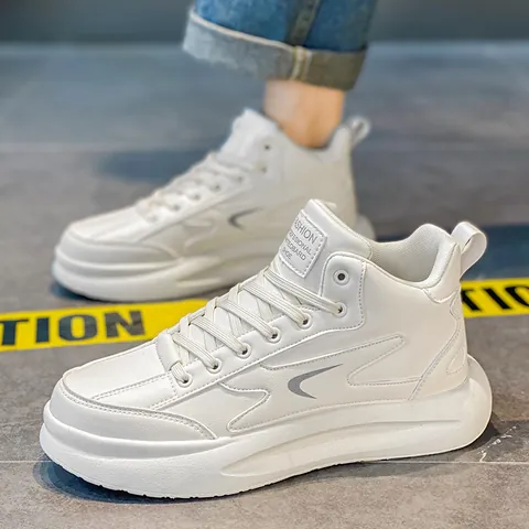 Sneakers Alte da Uomo alla Moda Casual in Pelle Sintetica con Platform Scarpe da Skate Traspiranti Sportive Bianche