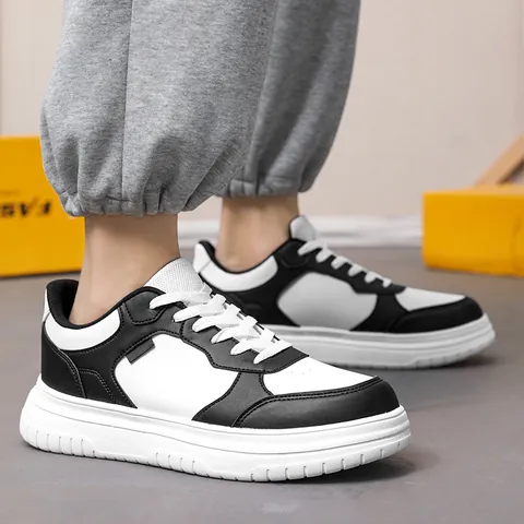 Herren Mode Sneakers Plateau Freizeit Board Schuhe Mikrofaser Leder Farblock Trendige Studenten Weiß Schwarz Beige Grau