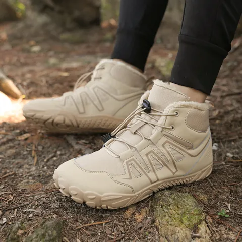 Unisex Winter Outdoor Snow Boots Waterproof Warm Plush Lined Hiking Shoes Barefoot Anti-Slip Rubber Sole Fastening Sneakers
