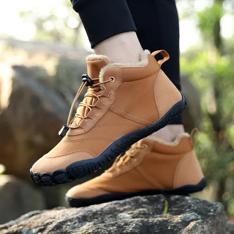 Waterproof Outdoor Hiking Shoes Winter Warm Thickened Plush Lined Snow Boots Men Women Barefoot Style Anti-Slip Rubber Sole