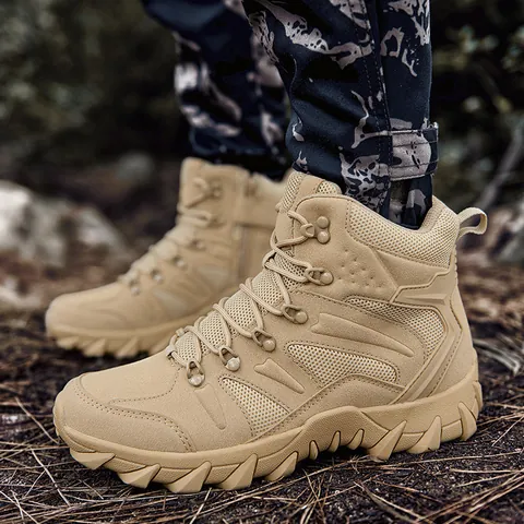 Men's Lightweight Tactical Combat Boots Breathable Hiking Shoes Non-Slip Outdoor Training Boots With Side Zipper Cattle Suede Mesh