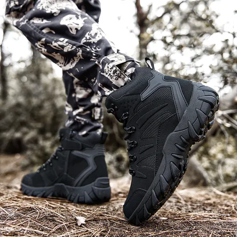 Men's Lightweight Tactical Combat Boots Breathable Hiking Shoes Non-Slip Outdoor Training Boots With Side Zipper Cattle Suede Mesh