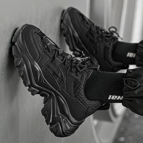 Men Fashion Chunky Sneakers Thick Sole Breathable Mesh PU Leather Patchwork Low Top Casual Sports Shoes Retro Dad Shoes