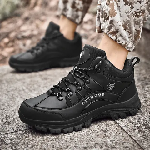 Men's Outdoor Hiking Boots Artificial Leather Oxford Cloth High-Top Fleece Lined Warm Non-Slip Waterproof Walking Snow Shoes