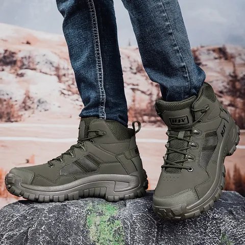 Men Outdoor Hiking Boots Tactical Combat Boots Synthetic Leather Mesh Non-slip Rubber Sole High-top Wear-resistant Desert Trekking Shoes