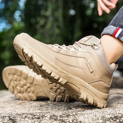 Men Outdoor Hiking Shoes Fashion High Top Non-slip Climbing Sneakers Casual Breathable Wear-resistant Trekking Boots Sand Black