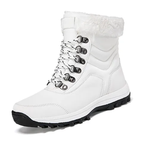 Dames Halfhoge Sneeuwlaarzen Winter Warm Outdoor Reisschoenen Met Kunstbontvoering Vetersluiting Kunstleer Gewatteerde Laarzen